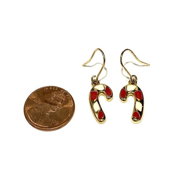 Candy Cane Earrings Christmas Enamel Gold Tone - Picture 4 of 5